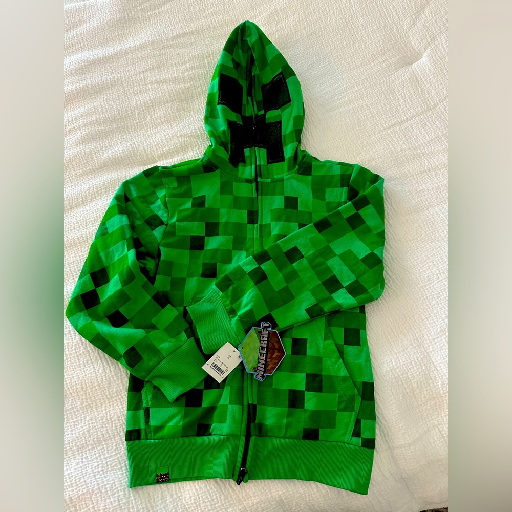 BNWT Minecraft Big Boys' Creeper Zip-Up Costume Hoodie, with Mask Youth -M